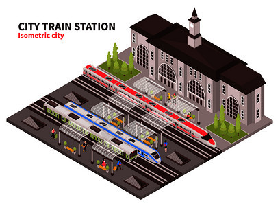 等距火车站成与历史建筑的终点站轨道与平台乘客矢量插图图片
