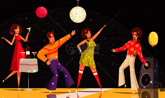 迪斯科派背景与人们跳舞饮酒平矢量插图图片