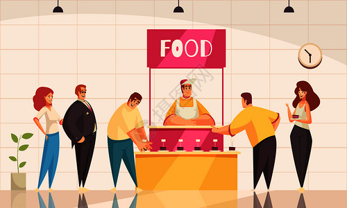 世博会展台背景与食品推广符号平矢量插图图片