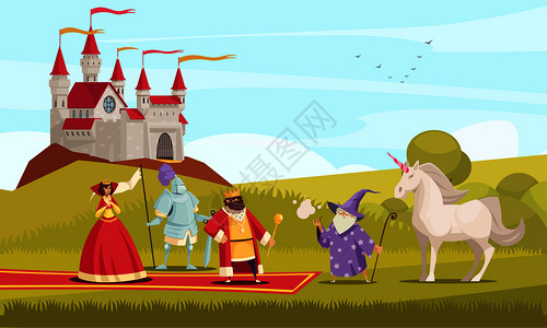 童话人物背景与国王皇后骑士平矢量插图高清图片