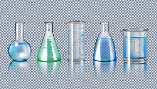 实验室璃器皿逼真的烧瓶烧杯蒸馏透明背景隔离矢量插图背景图片