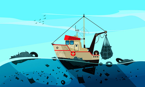 自然水污染构成与开阔的海景平图像的清洁船舶收集废物矢量插图图片