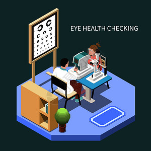 妇女检查眼科办公室的眼睛健康等距成三维矢量插图图片