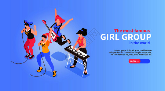 滚流行乐队水平等距网页横幅与著名的音乐四件女孩体表演矢量插图图片