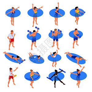 水氧水生健身运动等距图标与人游泳池训练孤立矢量插图图片