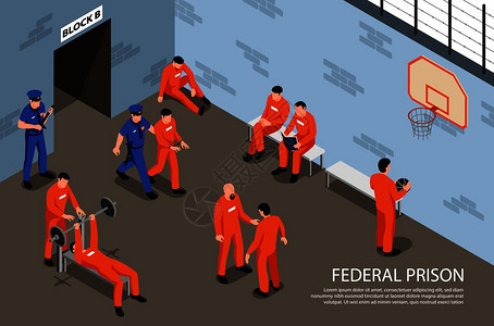 联邦监狱等距背景与囚犯体育大厅进行体育锻炼,监督警卫矢量插图背景图片