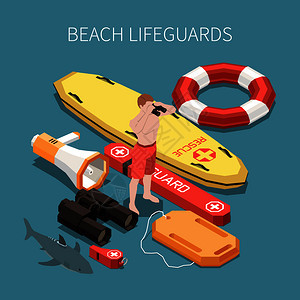 库存海滩救生员等距成与冲浪板扬声器双目胡须三维矢量插图图片