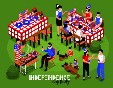 等距烧烤烧烤7月4日美国独立日成与图片的桌子,人食物矢量插图图片