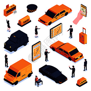 等距出租车图标出租车司机出租车帽子的元素橙色汽车乘客矢量插图图片