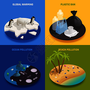 海洋污染等距2x2与文本圆形图像代表同类型的污染矢量插图图片