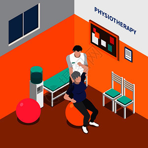 理疗康复等距海报与物理治疗师体育锻炼给病人用辅助工具矢量插图图片