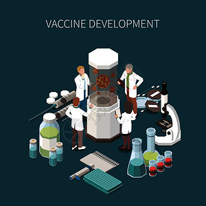 疫苗开发与实验室设备的科学实验显微镜安瓿与疫苗医疗注射器等距图标矢量插图图片