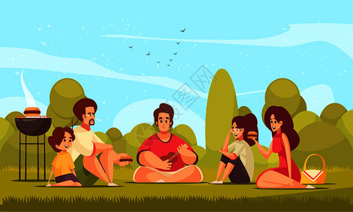 烧烤野餐构图与郊区景观涂鸦风格的特点,儿童成人吃烧烤矢量插图图片