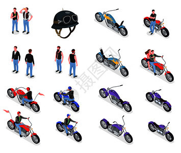 等距图标与男自行车头盔各种摩托车隔离白色背景三维矢量插图图片