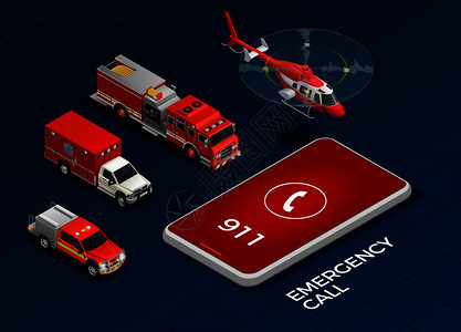 紧急呼叫运输与直升机救护车消防车等距隔离蓝色背景三维矢量插图图片