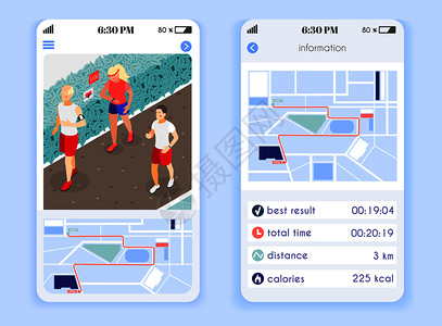 家庭健身移动应用横幅与结果时间距离燃烧卡路里等距矢量插图的信息图片