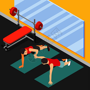 健康家庭健身等距海报与父亲教他的儿子俯卧撑健身房大厅平矢量插图图片