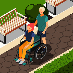 残疾人户外等距构图与夫妇城市公园,男子推动妇女轮椅矢量插图图片