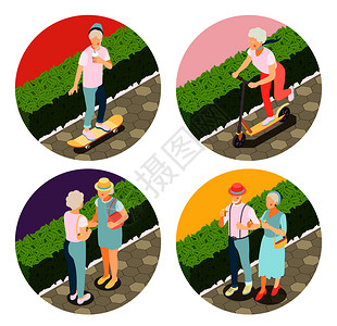 现代老人2x2与养老金者骑滑板滑板车步行公园等距矢量插图图片