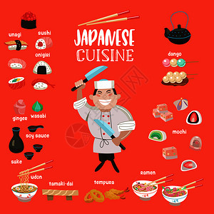 日本菜日本甜点糖果,天妇罗,寿司,卷,洋葱汤,条,清酒日本厨师着把大菜刀卡通风格的矢量插图图片