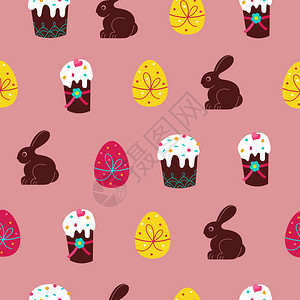 复活节的无缝图案可爱的复活节蛋糕,彩色鸡蛋巧克力兔子矢量插图图片