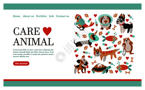兽医护理照顾动物横幅与文字为兽医诊所可爱的生病的动物图片