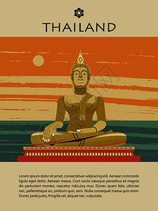 泰国金佛雕像矢量插图佛陀海洋景观的背景上旅游网站模板,旅游指南泰国黄金佛像矢量插图图片