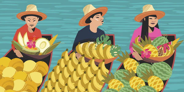 泰国水果贸易商船上矢量插图三个戴帽子的泰国女人卖异国水果泰国市场船上的水果贸易商矢量插图为了泰国市场图片