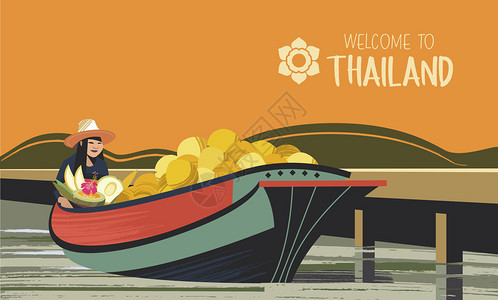 泰国水果商人船上矢量插图戴帽子的泰国女人卖异国水果泰国市场船上的水果贸易商矢量插图为了泰国市场图片