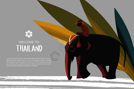 欢迎来泰国旅行社广告传单模板带骑手的大象异国情调的棕榈叶的背景上泰国参观大象矢量插图图片