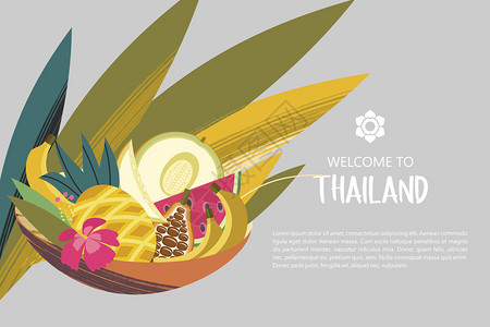 欢迎来泰国旅行社广告传单模板带异国水果的篮子带异国水果的篮子矢量插图欢迎来泰国图片