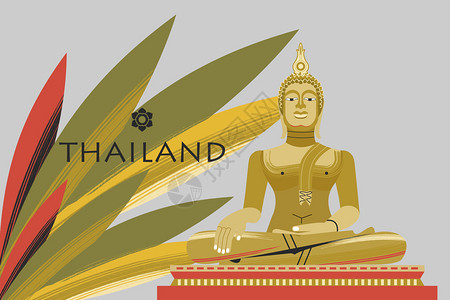 欢迎来泰国旅行社广告传单模板黄金佛像,种宗教象征风插图泰国金色佛像矢量插图图片
