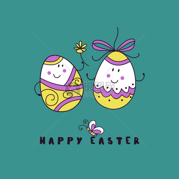 复活节快乐趣的彩色鸡蛋卡通风格的可爱矢量假日插图贺卡快乐复活节