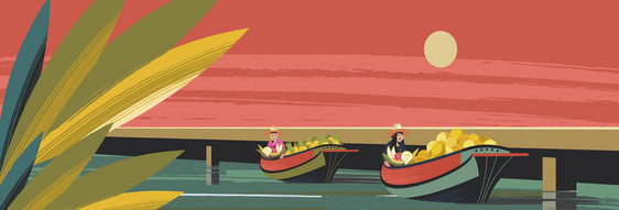 泰国水果贸易商船上矢量插图两个戴帽子的泰国女人卖异国水果泰国市场船上的水果贸易商矢量插图为了泰国市场图片