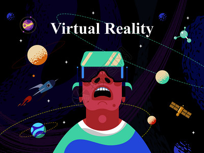 虚拟现实与个人VR眼镜与想象的宇宙互动矢量插图VR网络里的人虚拟现实矢量插图图片