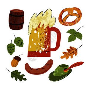 啤酒节套传统的啤酒节项目啤酒,香肠,椒盐卷饼,啤酒花,泰勒帽白色背景上隔离矢量手绘插图啤酒节啤酒派德图片