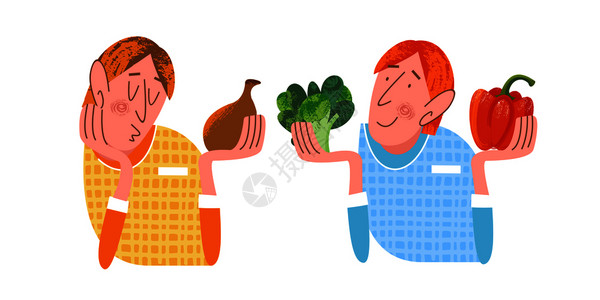 肉食者素食者,哪个更好白色背景上的插图两个人,个吃肉的人个素食主义者插图与独特的手绘纹理快乐的世界素食日背景图片