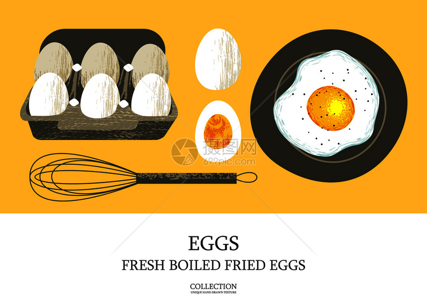 套6个新鲜鸡蛋纸板箱里半个煮鸡蛋盘子里的煎蛋健康美味的食物生酮早餐黄色背景上的矢量插图扁平的风格,独图片