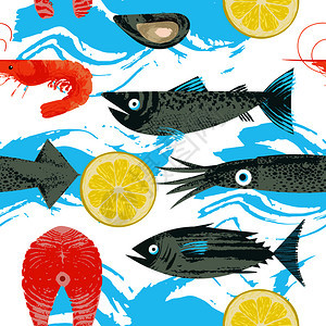 无缝图案海鲜的矢量插图各种鱼,鱿鱼,虾柠檬片插图与独特的矢量手绘纹理无缝图案海鲜的矢量插图各种鱼图片