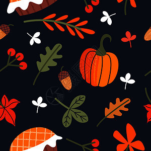感恩节的无缝图案祝贺的秋叶,橙色南瓜,生日蛋糕,浆果橡子矢量插图感恩节无缝秋季图案秋叶,生日蛋图片