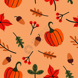 感恩节的无缝图案祝贺的秋天的叶子,橙色的南瓜,浆果橡子矢量插图无缝秋季图案秋天的叶子,浆果图片