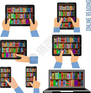 书架上智能手机平板电脑笔记本电脑屏幕上的书籍线图书馆的矢量插图图片