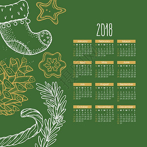 日历2018矢量插图手绘品红,诞袜,饼干,糖果图片