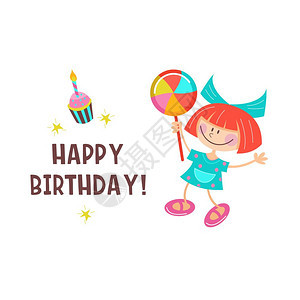 生日快乐贺卡可爱的女孩带着蜡烛玩趣美味的蛋糕矢量剪贴画图片