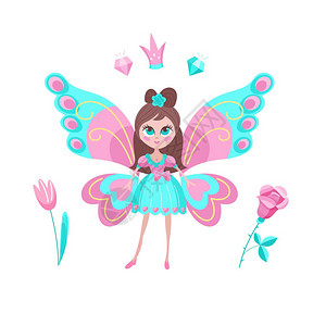 小魔法精灵蝴蝶翅膀的漂亮女孩矢量插图白色背景上隔离图片