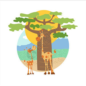 非洲动物两只长颈鹿,大大小小的站猴包树附近矢量插图白色背景上隔离图片