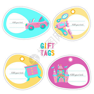 标签女孩玩具的标签粉红色敞篷车,童话城堡,玩具抽屉箱,风机,镜子,梳子图片