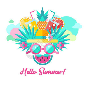 你好,夏天矢量插图套以暑期度假海上度假水果为的剪贴画图片