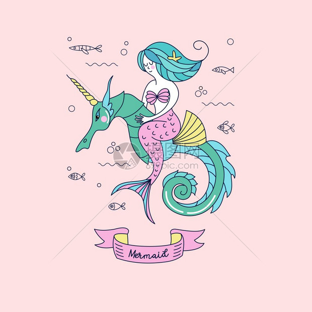 神话生物骑着独角兽海马矢量插图