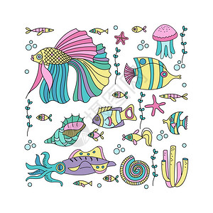 海洋生物套剪贴画鱼,鱿鱼,水母,藻类,珊瑚,海星,贝壳矢量插图背景图片
